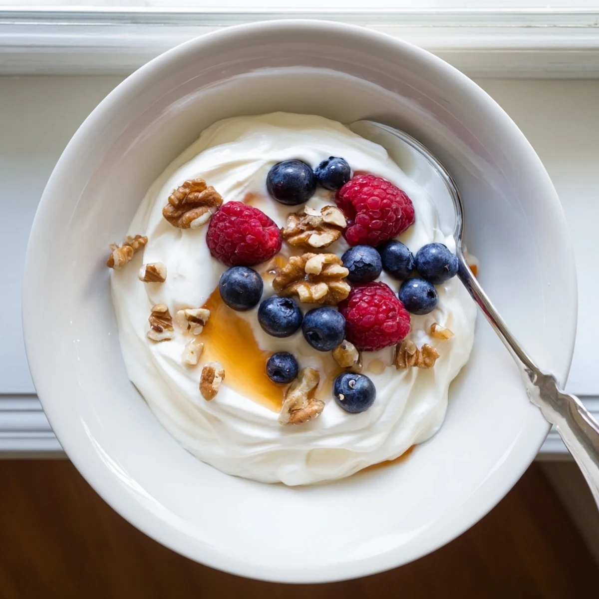 Homemade Greek yogurt in a white bowl topped with fresh berries and honey drizzle
