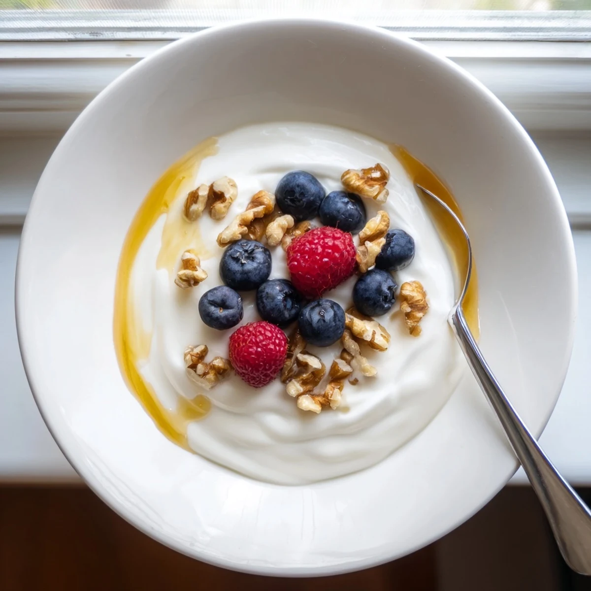 Creamy Greek yogurt spoon showing thick texture in glass serving container with granola