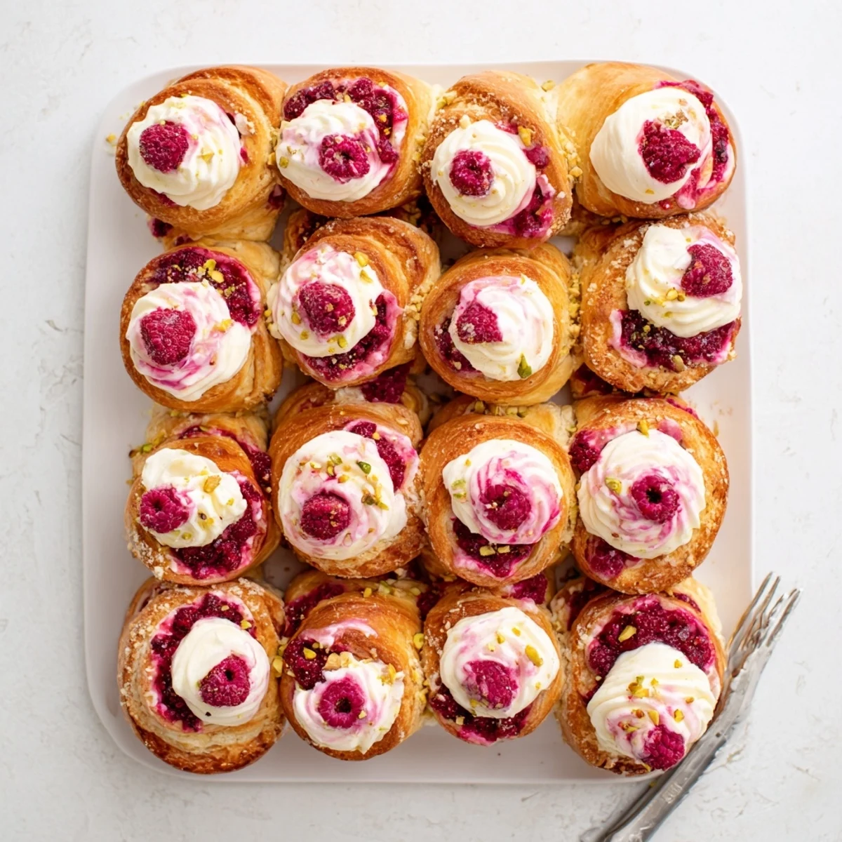 Golden raspberry and rose cheesecake buns filled with creamy floral center and bright red fruit compote
