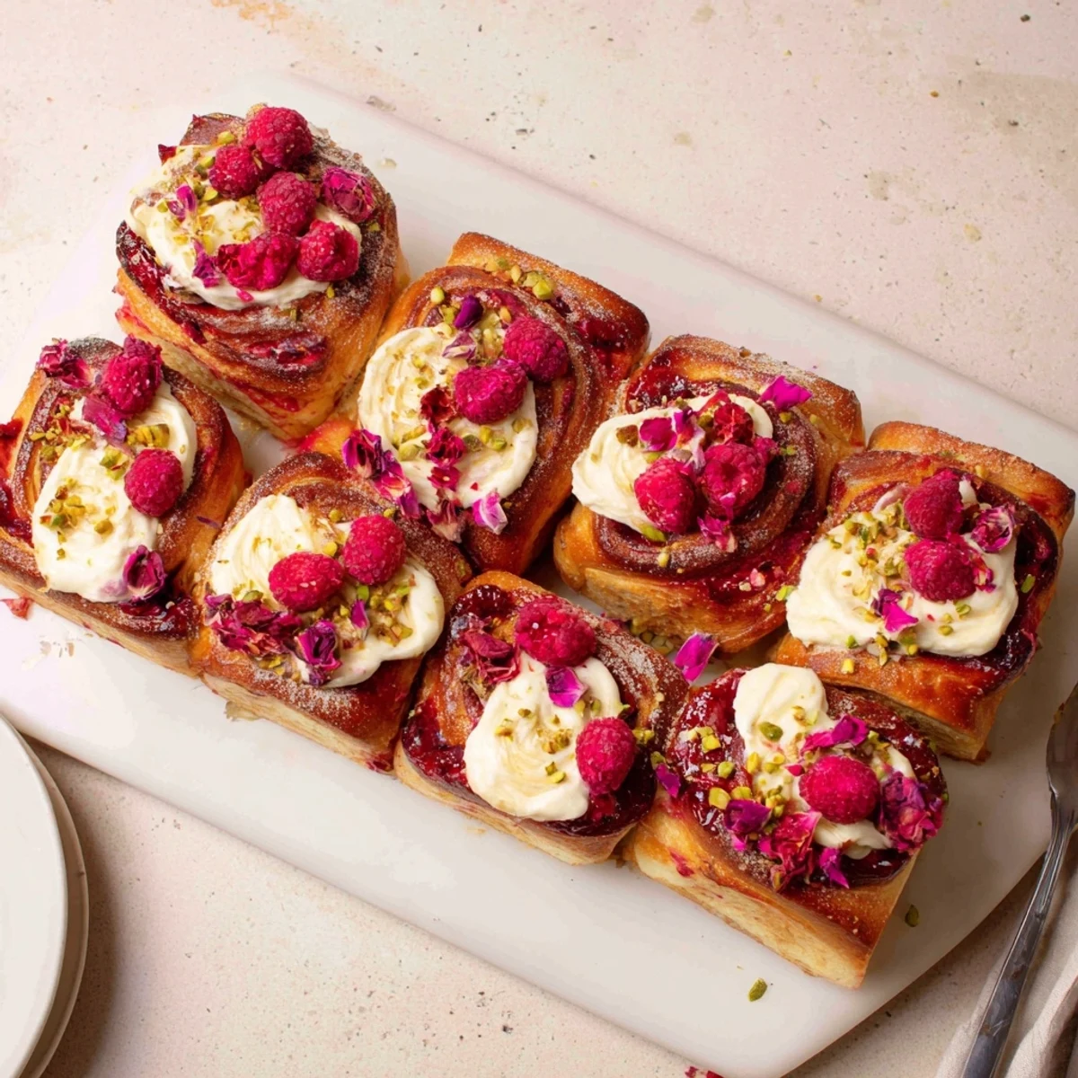 Soft pillowy buns topped with rose-scented cheesecake filling and sweet raspberry swirl