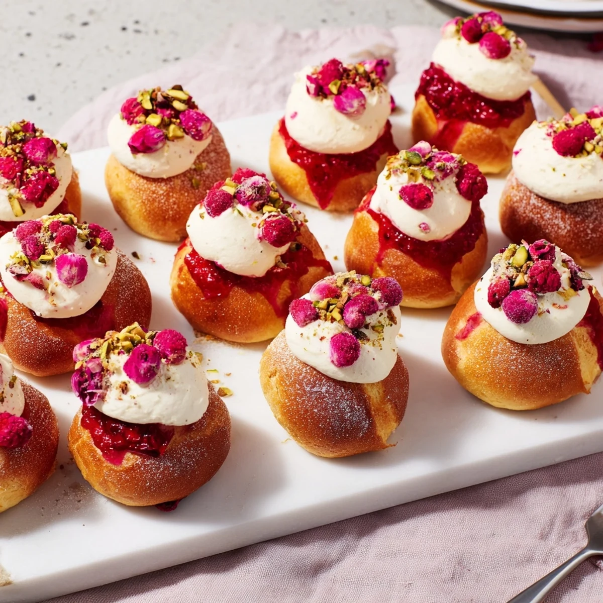 Freshly baked raspberry and rose cheesecake buns garnished with chopped pistachios on golden crust