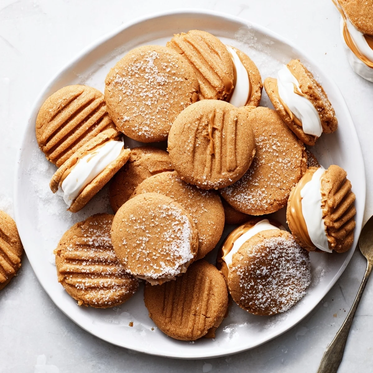 Buttery shortbread cookies topped with vanilla custard and torched caramelized sugar arranged on a marble board.