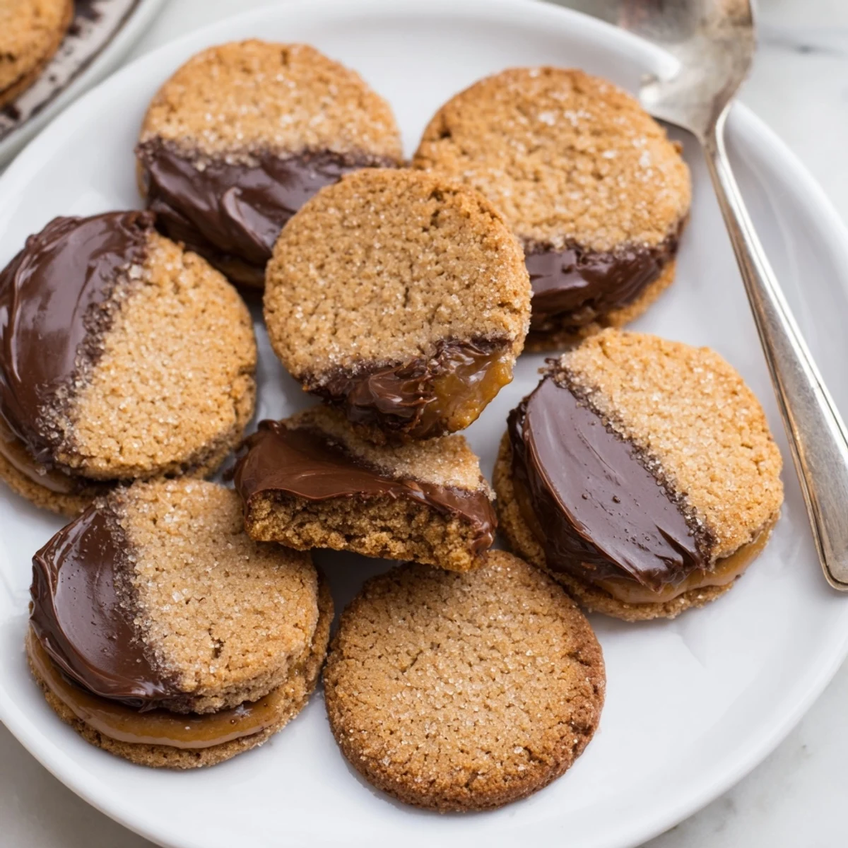 Golden Creme Brulee Shortbread Cookies with cracked caramelized sugar tops resting on a white serving plate.