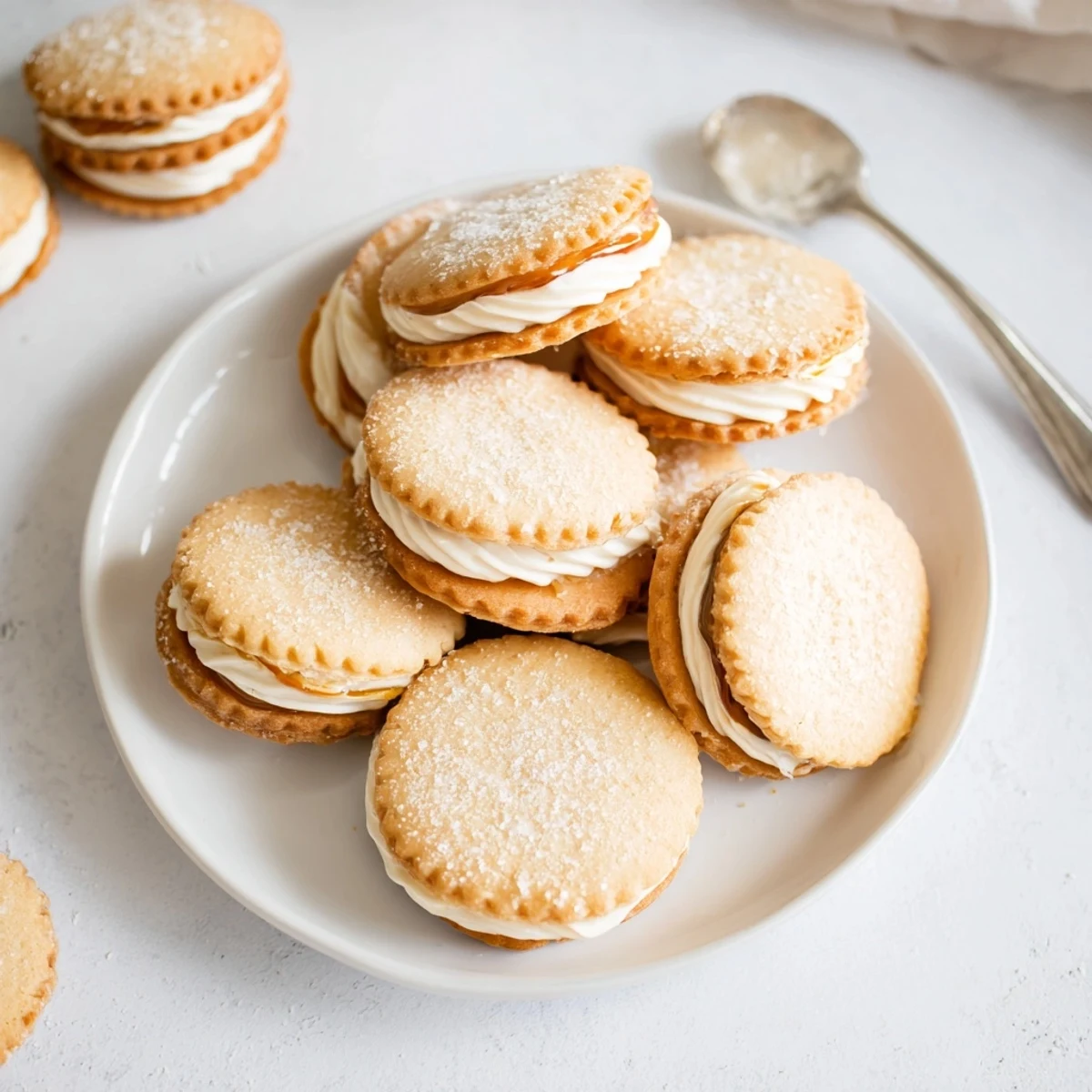 French-inspired Creme Brulee Shortbread Cookies featuring crisp burnt sugar layers on a rustic wooden serving tray.
