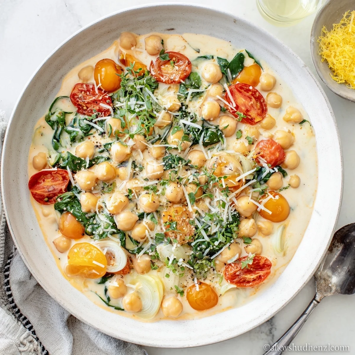 Creamy Marry Me Chickpeas with sun-dried tomatoes and wilted spinach in a rich, herb-infused sauce
