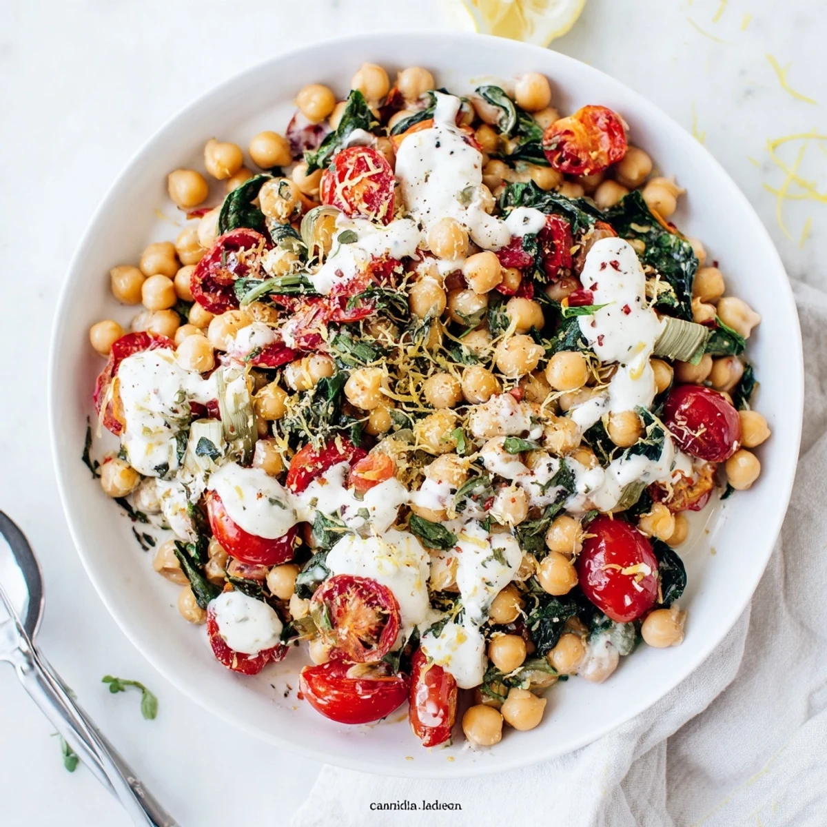 Golden chickpeas simmered in aromatic garlic cream sauce with sun-dried tomatoes and fresh basil garnish