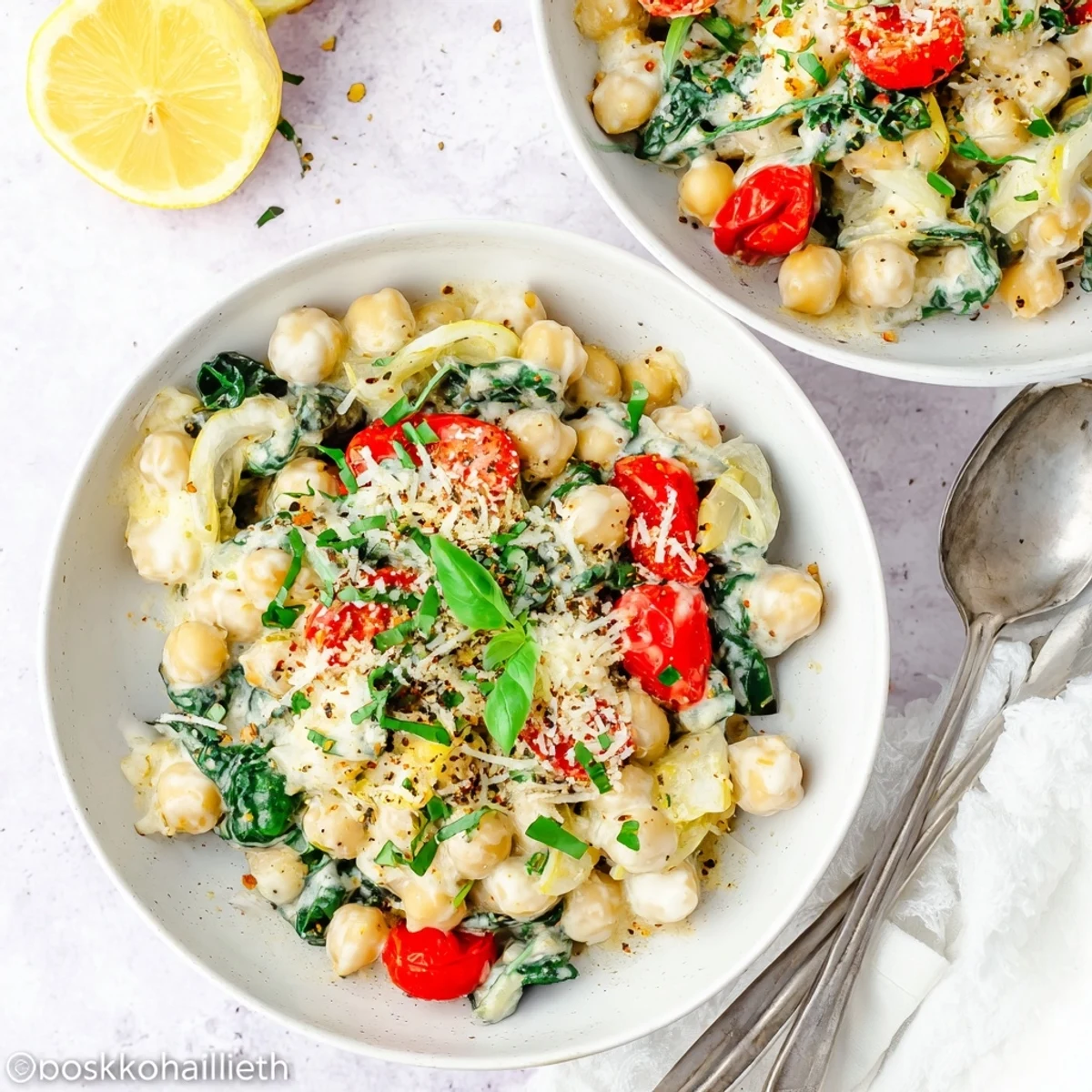 Hearty vegetarian Marry Me Chickpeas dish featuring tender spinach and savory sundried tomatoes in white sauce