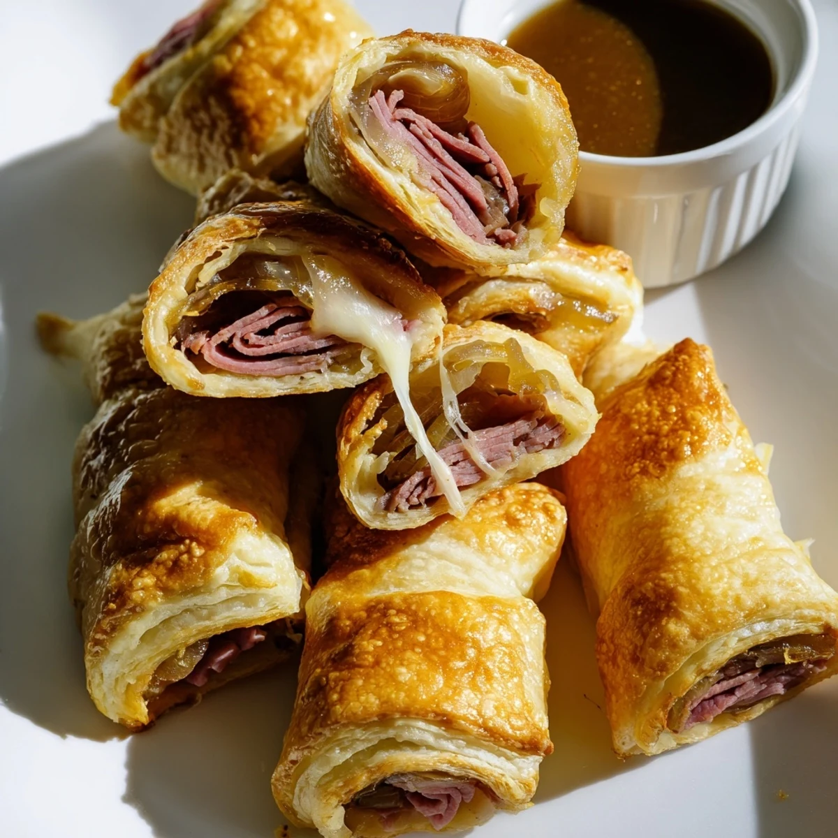 Golden beef and cheese French dip roll ups served with savory au jus dipping sauce on rustic plate
