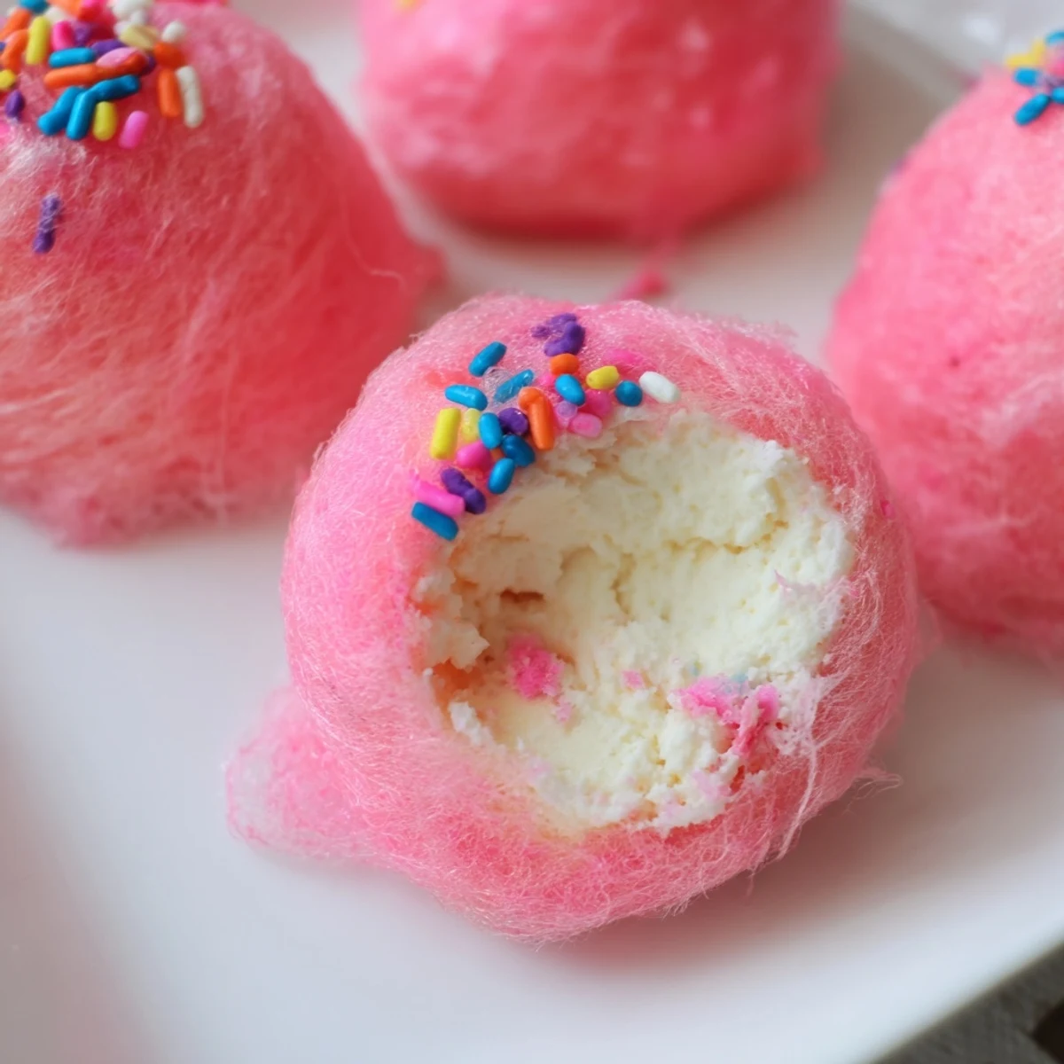 Mini cotton candy cheesecake puff balls with creamy centers and fluffy pastel coating