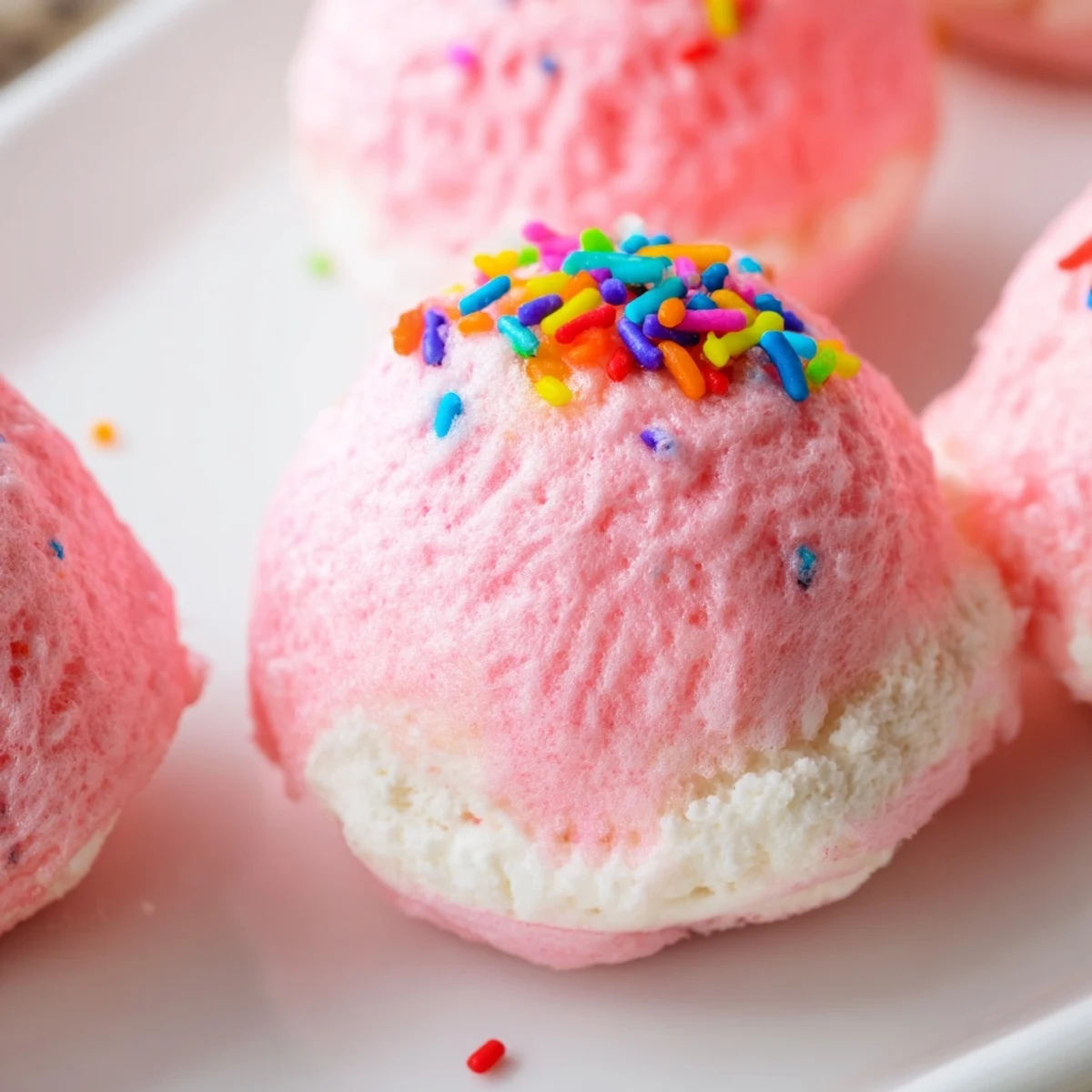 Pastel mini cotton candy cheesecake puff balls arranged on a serving platter