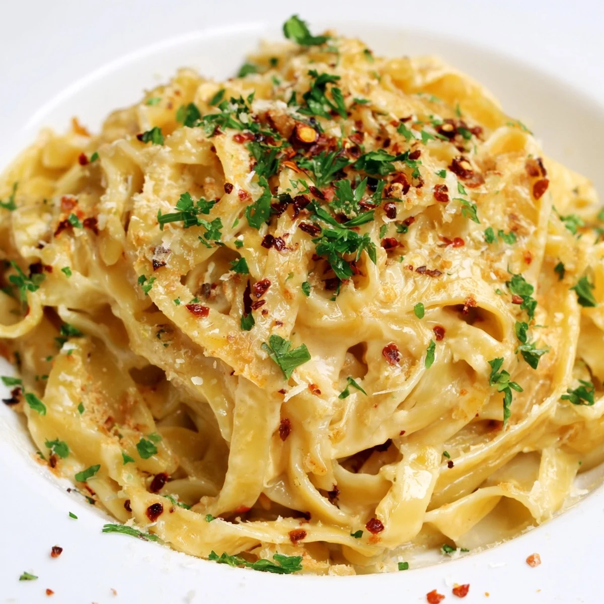 Creamy Sweet Heat Caramelized Onion Fettuccine topped with fresh parsley and Parmesan cheese