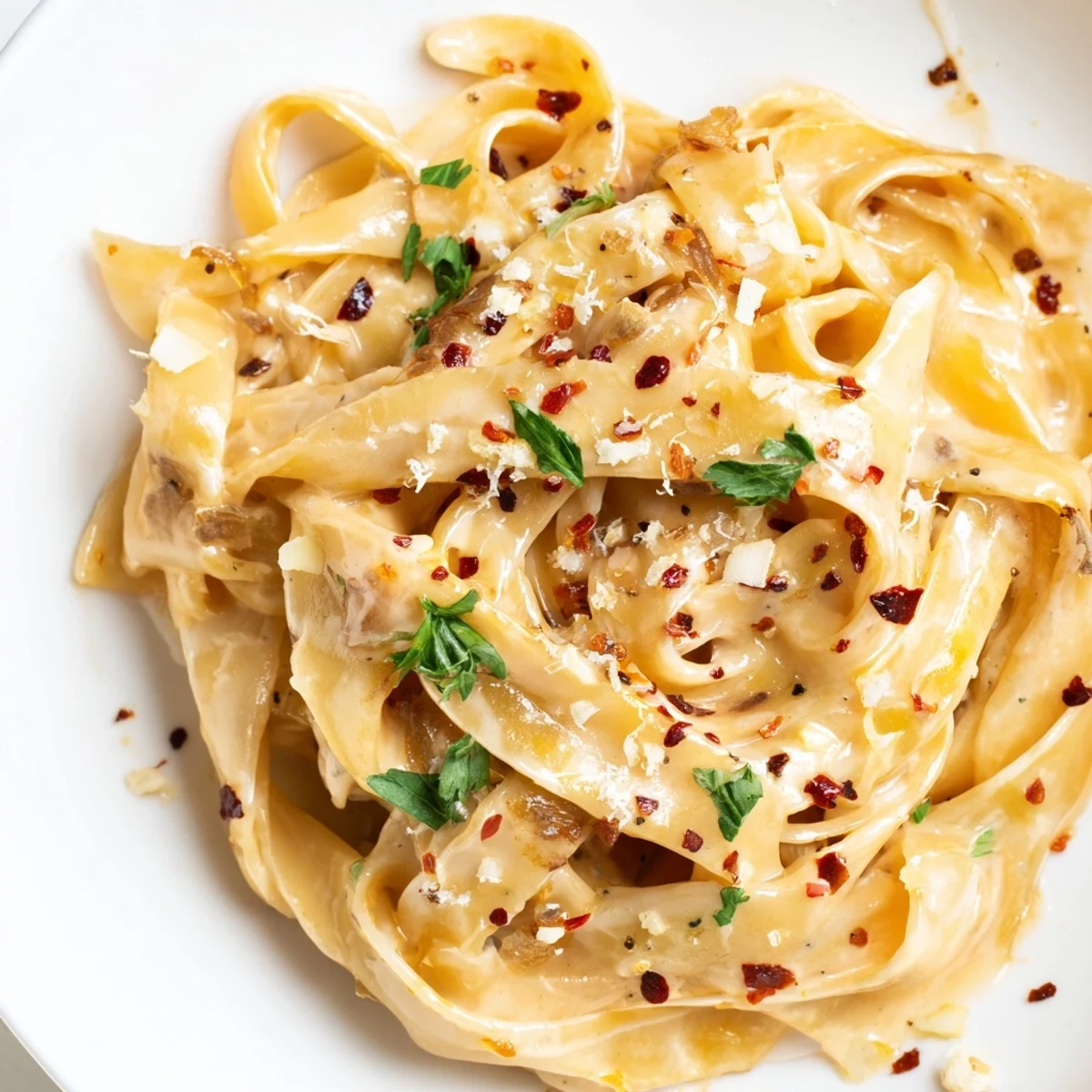 Golden caramelized onions coat Sweet Heat Caramelized Onion Fettuccine in a rich, creamy sauce
