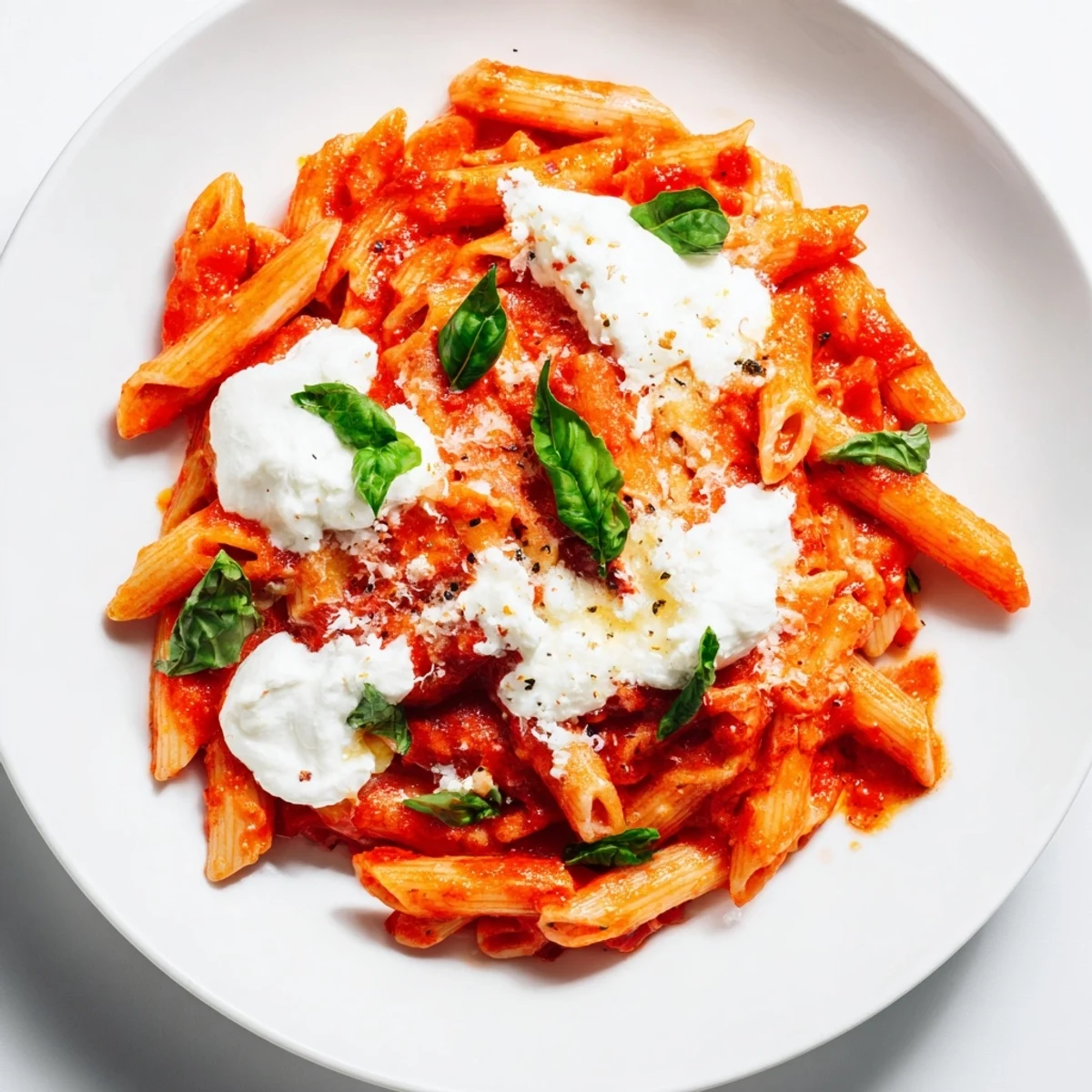 Creamy tomato garlic ricotta penne topped with fresh basil and grated Parmesan cheese
