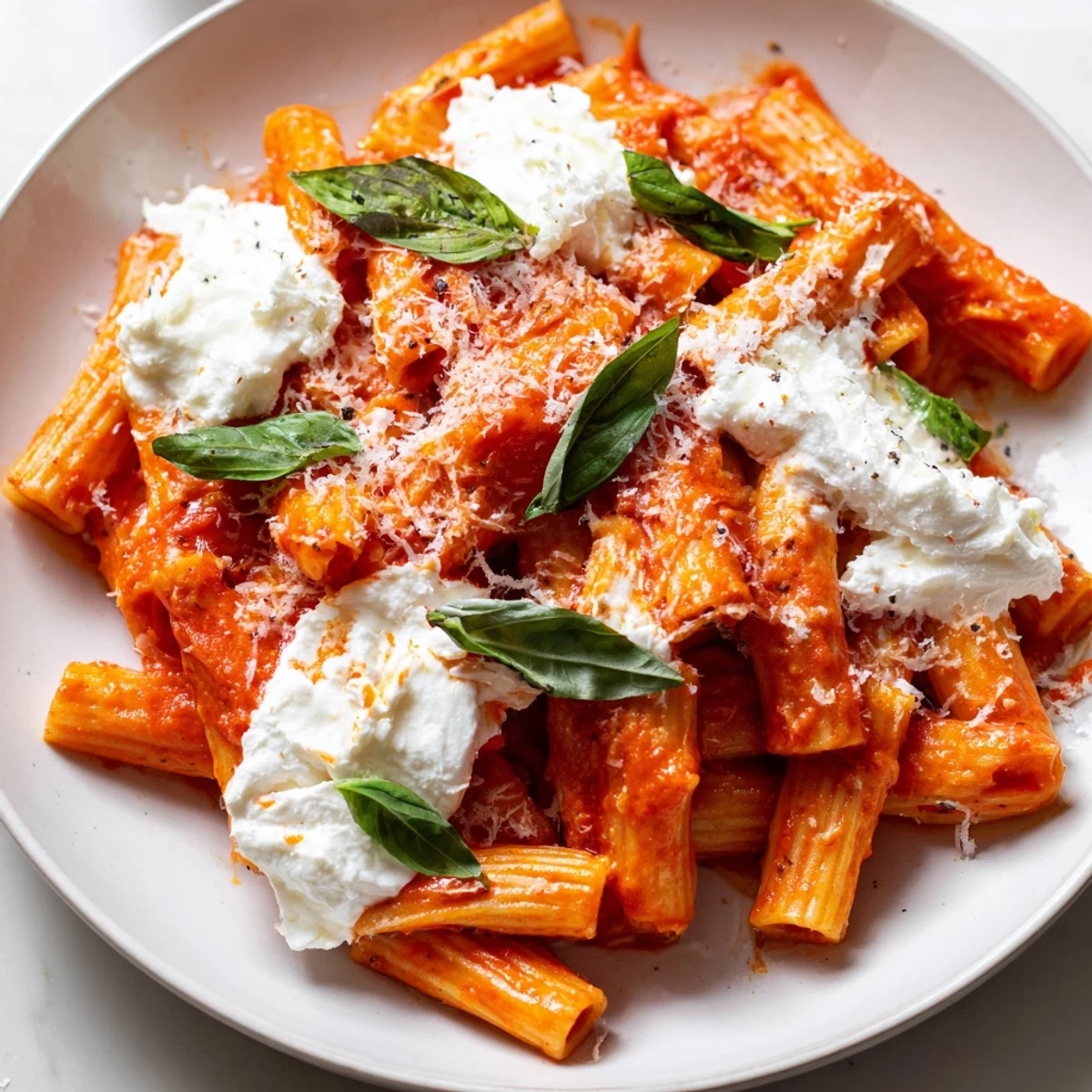 Tomato garlic ricotta penne in vibrant red sauce with creamy white cheese dollops
