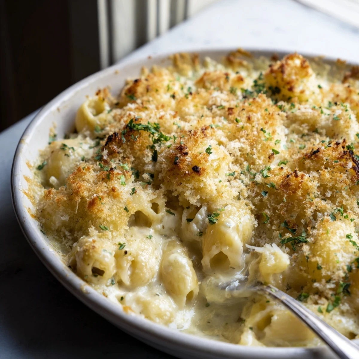 Creamy three cheese baked macaroni with a golden panko crust bubbling hot from the oven