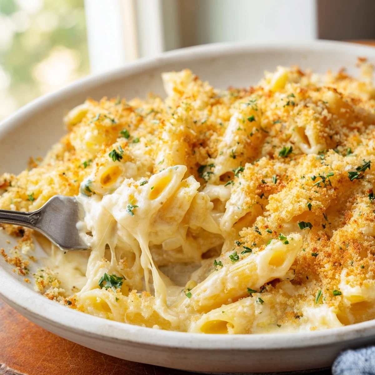 Steaming scoop of three cheese baked macaroni oozing with melted cheddar and Gruyère