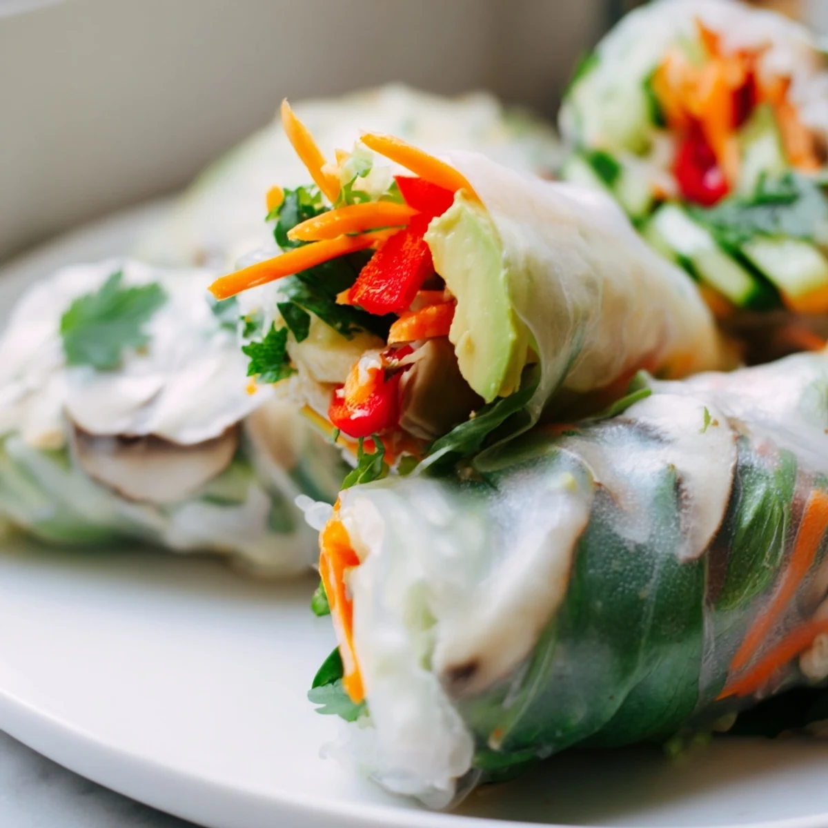Creamy avocado shiitake spring rolls wrapped in translucent rice paper with fresh herbs