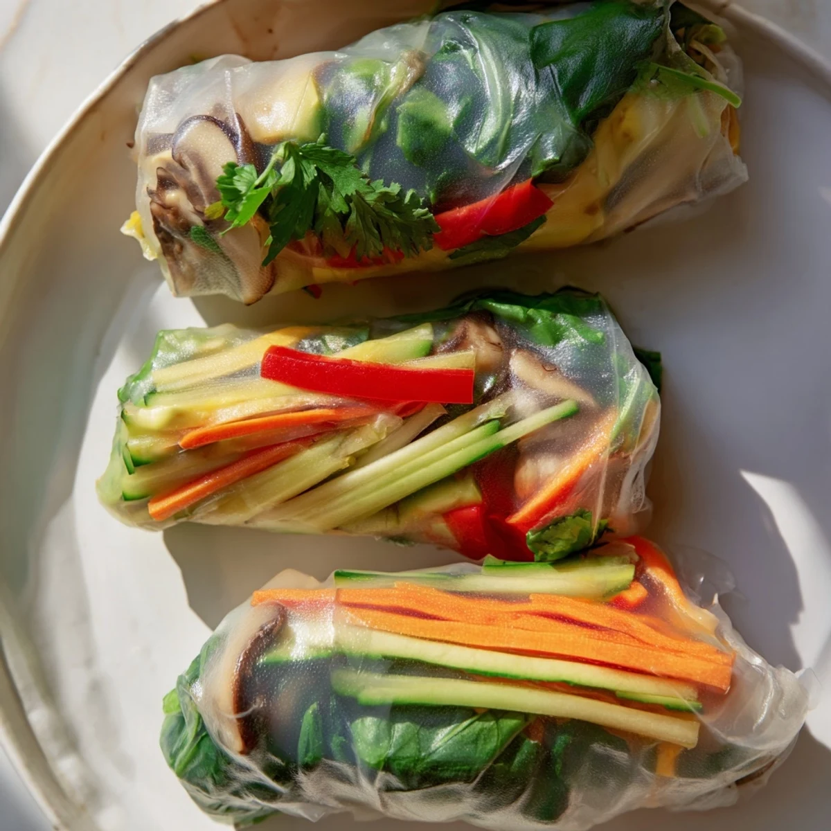 Avocado shiitake spring rolls showcasing vibrant julienned vegetables and tender sautéed mushrooms inside