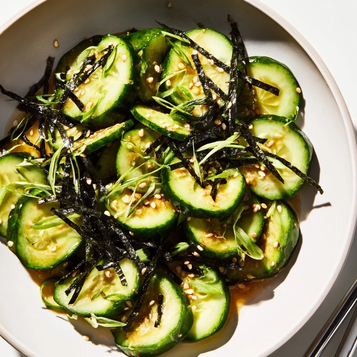 Refreshing sushi cucumber salad garnished with creamy avocado, pickled ginger, and crunchy green onions