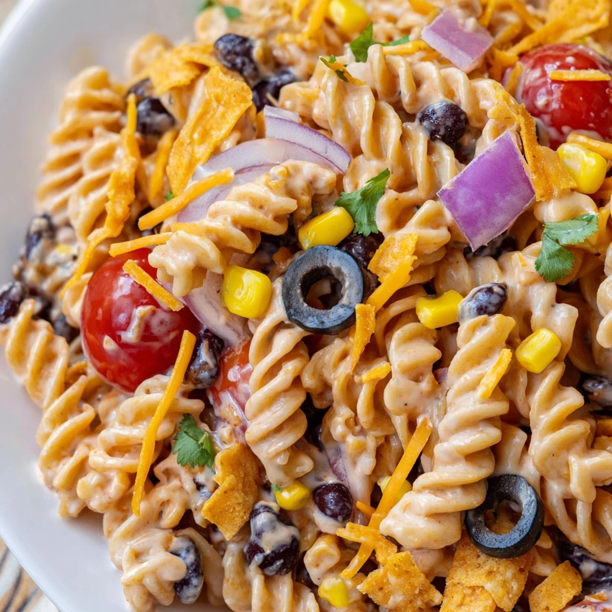 Colorful taco pasta salad in a serving bowl with tomatoes, corn, black beans, and shredded cheddar cheese