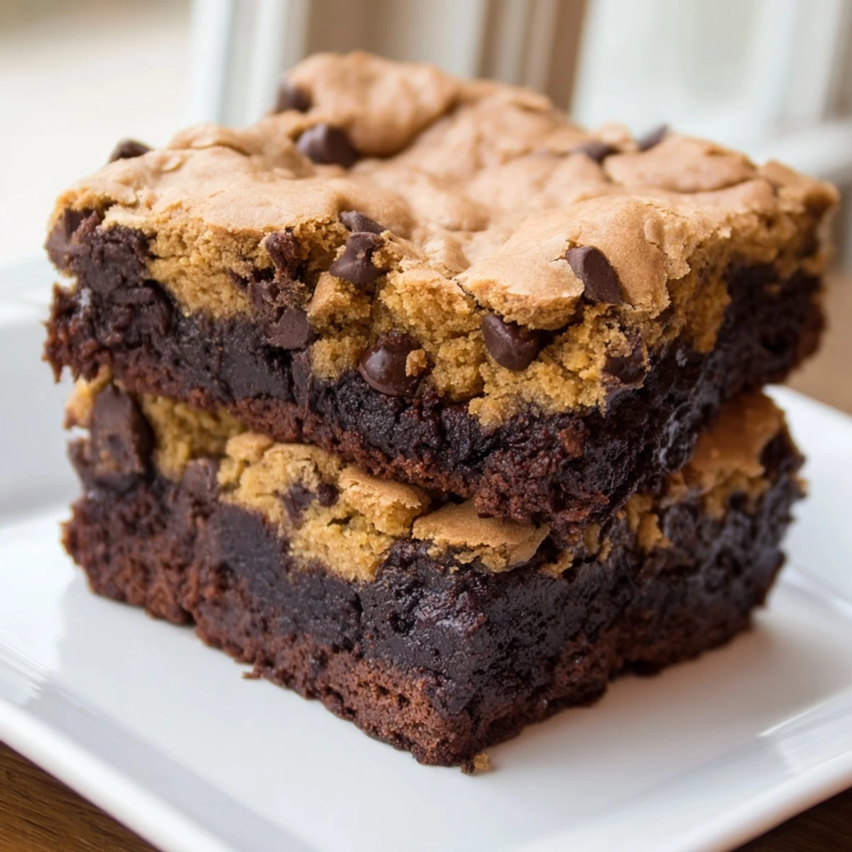 Golden vegan brookies stacked with rich fudgy brownie and chewy cookie layers