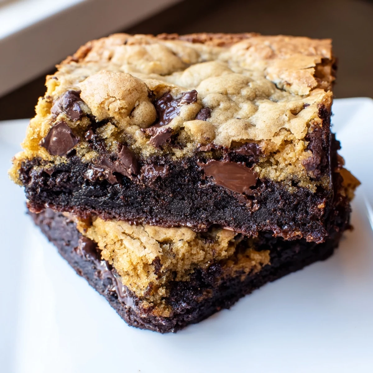 Decadent double layer vegan brookies topped with melting dark chocolate chips
