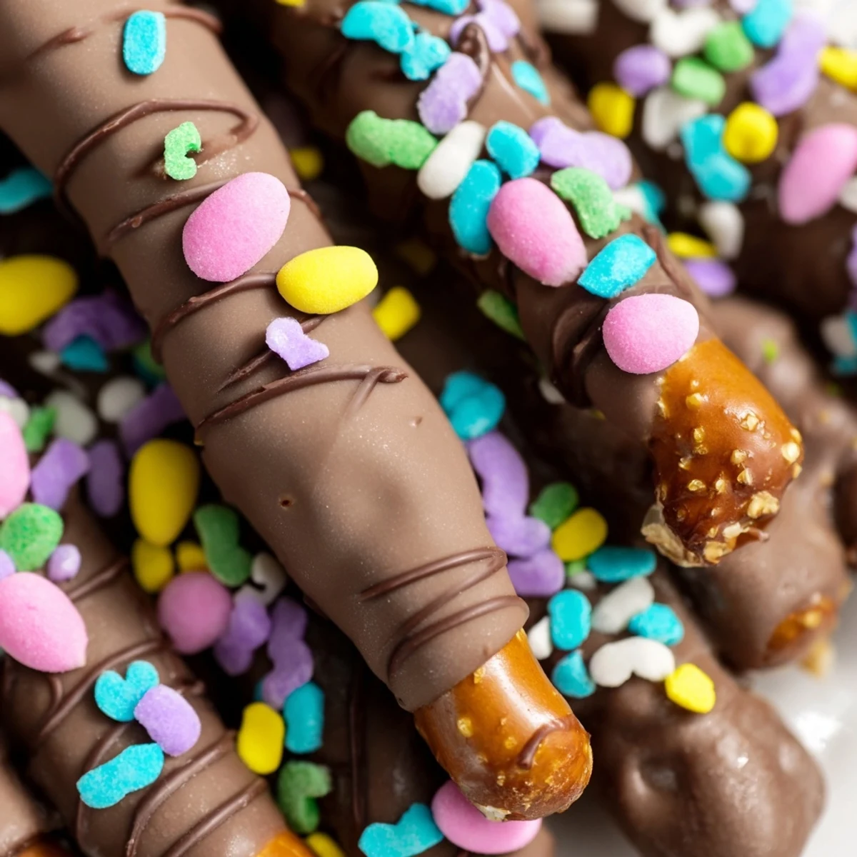 Chocolate covered pretzels for Easter with colorful sprinkles on a rustic wooden serving board