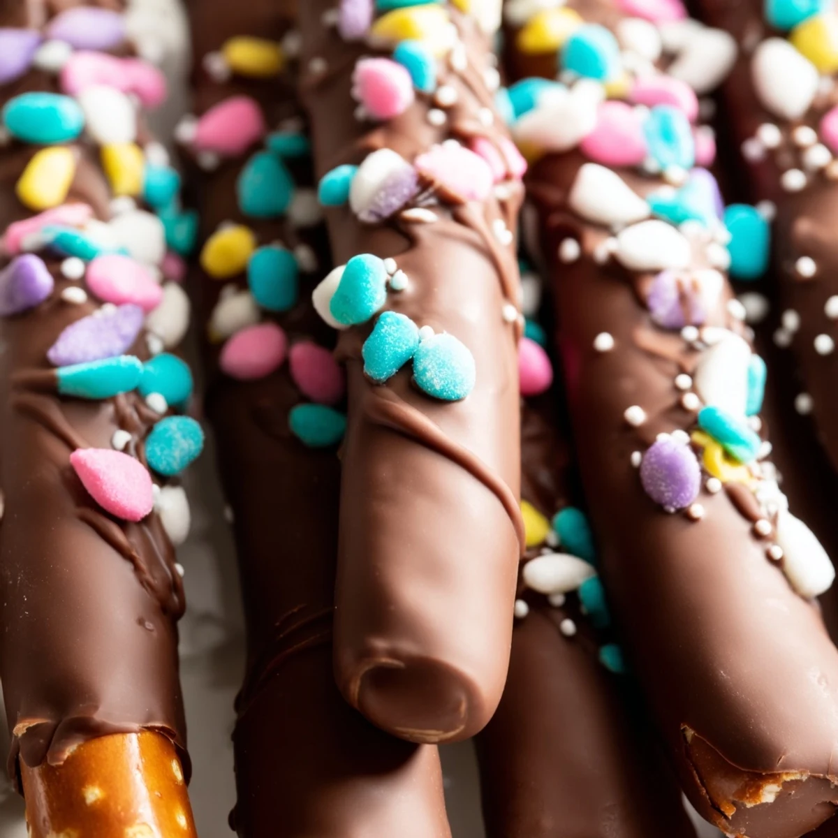 Pretzel rods dipped in glossy chocolate and topped with pastel Easter sprinkles displayed beautifully