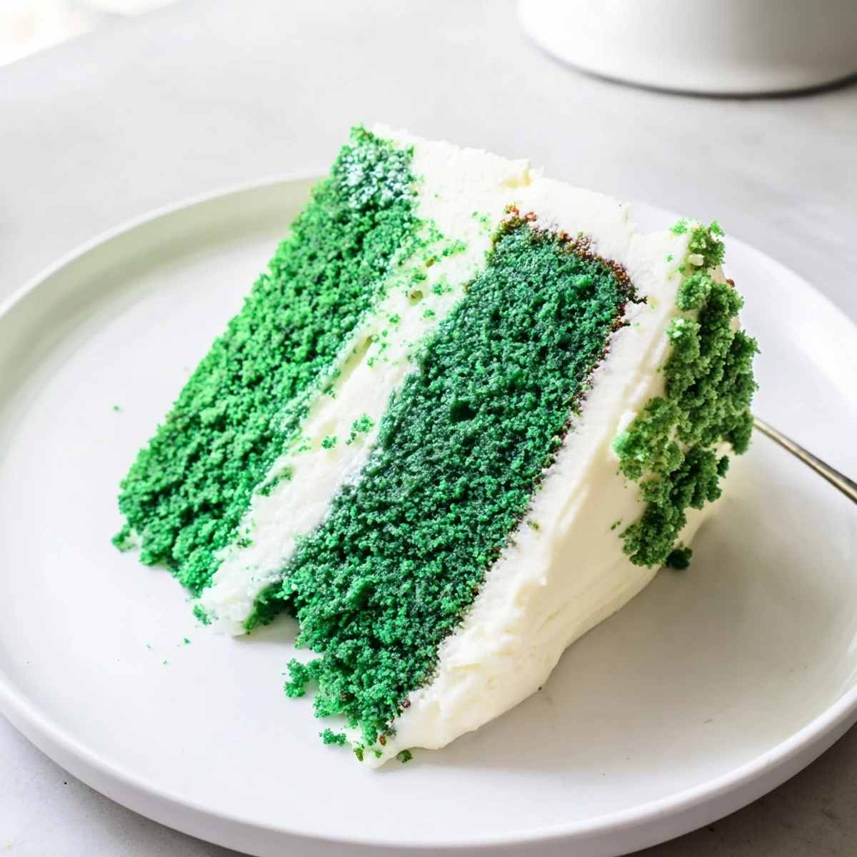 A slice of Green Velvet Cake layered with thick cream cheese frosting on a white plate