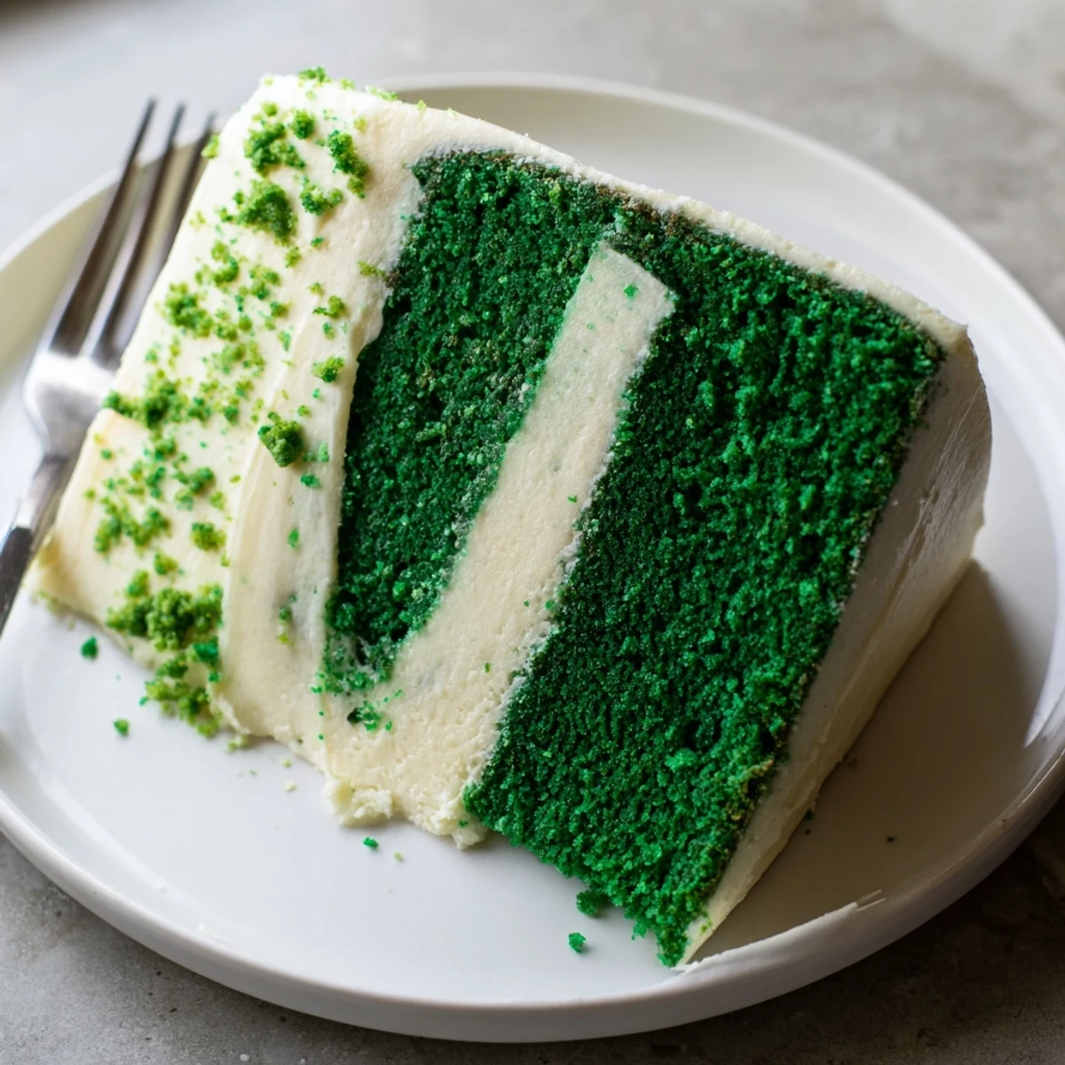 Green Velvet Cake with vibrant emerald crumbs topped with swirled frosting and green sprinkles