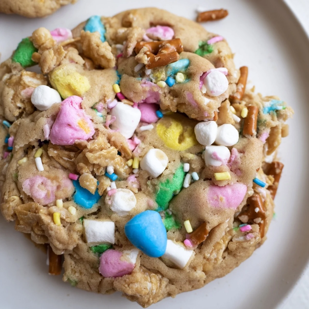 Colorful Easter Trash Cookies loaded with pastel candies, pretzels, and sprinkles on a rustic baking sheet.