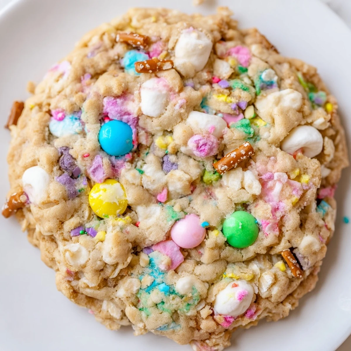 Chewy Easter Trash Cookies studded with mini marshmallows, white chocolate chips, and crunchy broken pretzel pieces.