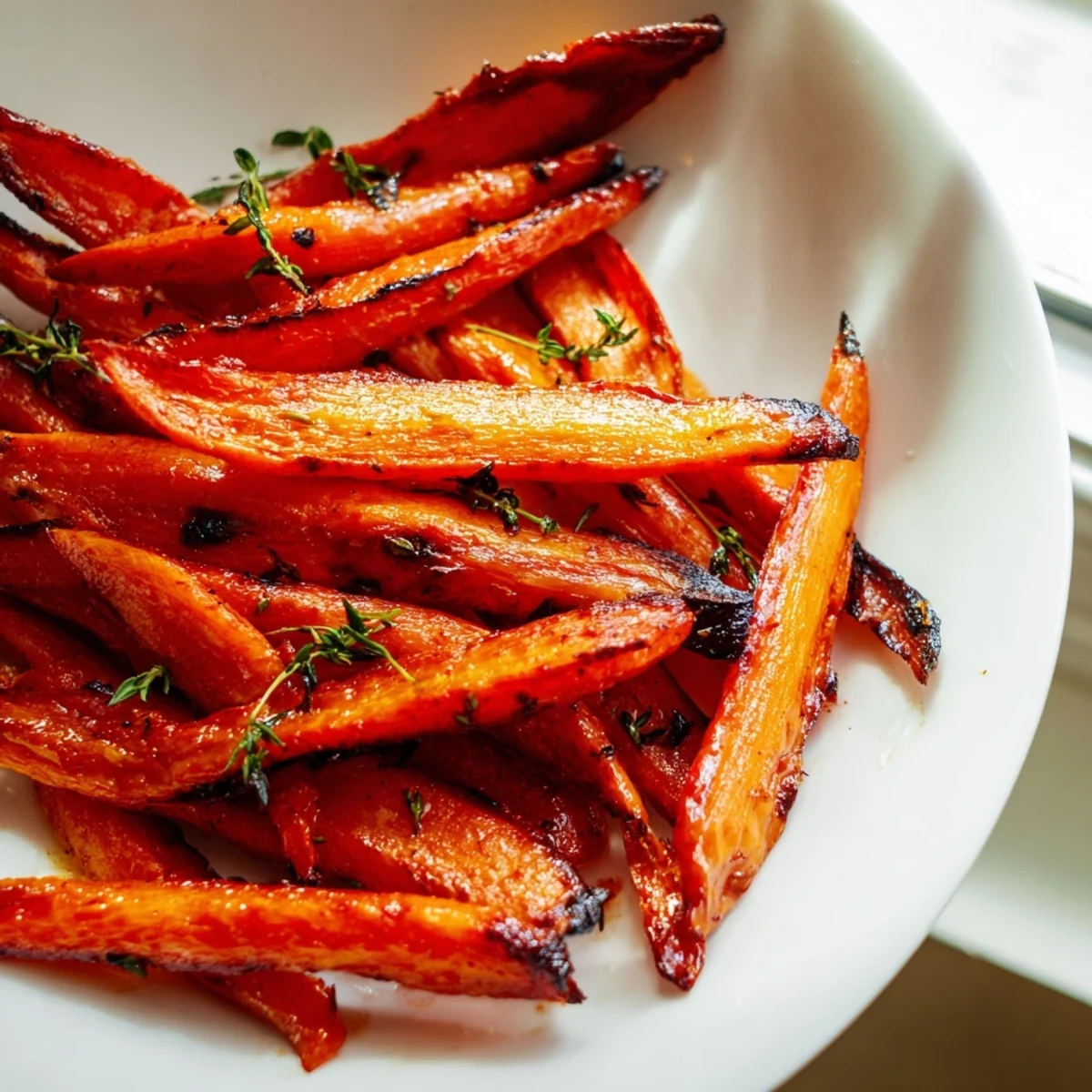 Golden honey roasted carrots glistening with caramelized edges on a rustic white serving platter