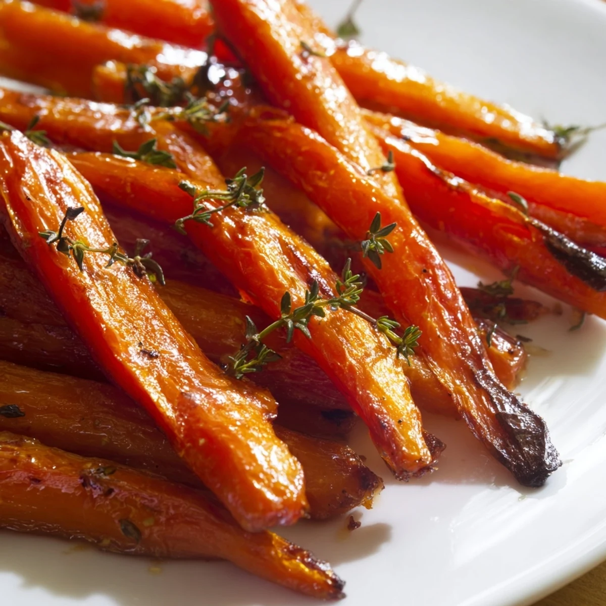Tender caramelized honey roasted carrots topped with fresh green herbs on parchment paper