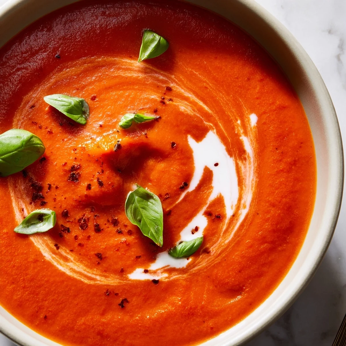 Creamy fire roasted tomato soup in a white bowl garnished with fresh basil leaves