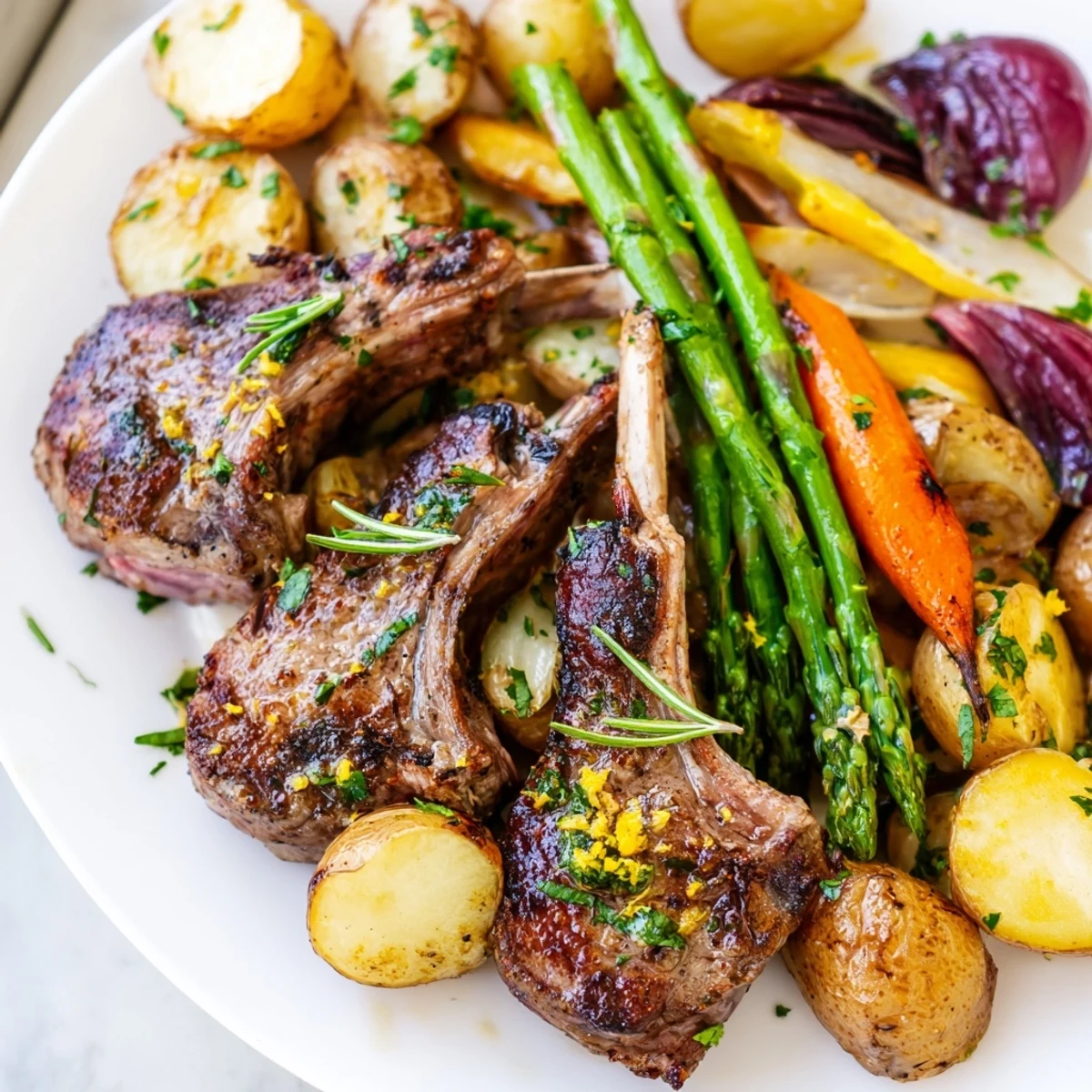 Golden herb-crusted lamb chops and roasted vegetables arranged on a sheet pan Easter dinner