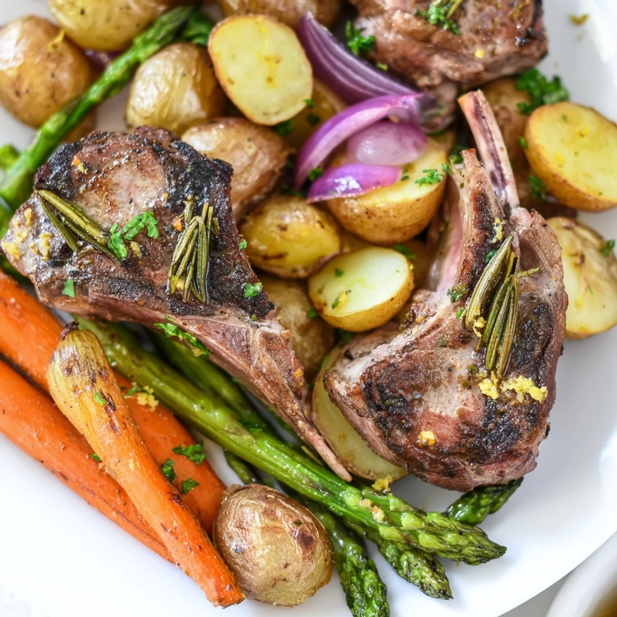 Rosemary lamb chops nestled with tender carrots and potatoes on a festive Easter dinner tray