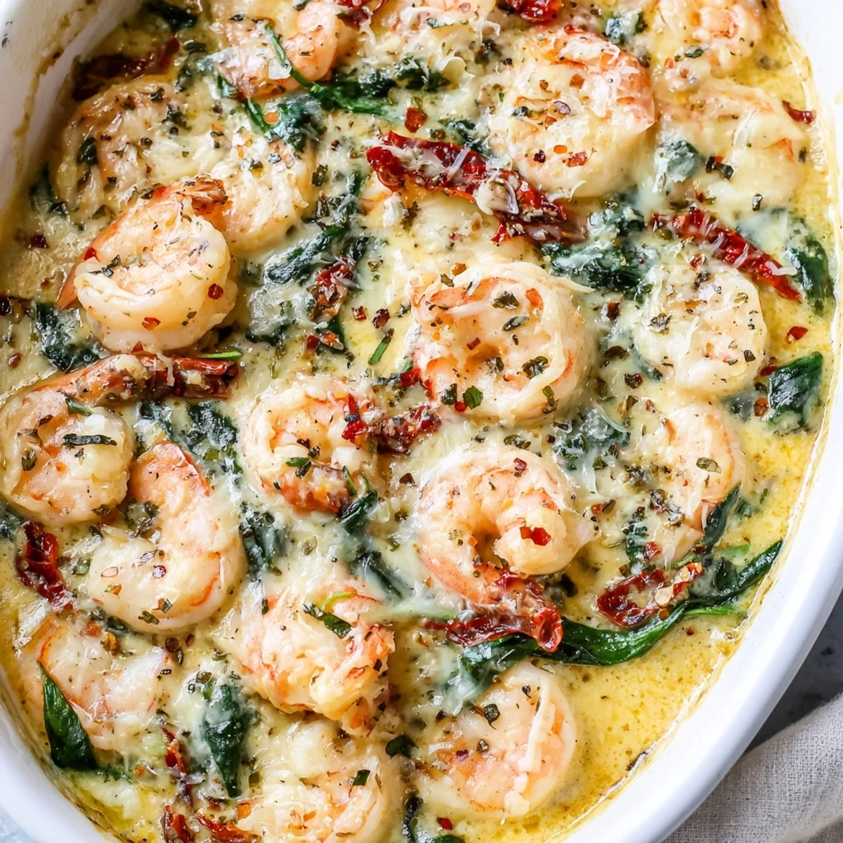 Creamy Low Carb Shrimp Tuscan Bake with golden melted mozzarella bubbling in a rustic dish
