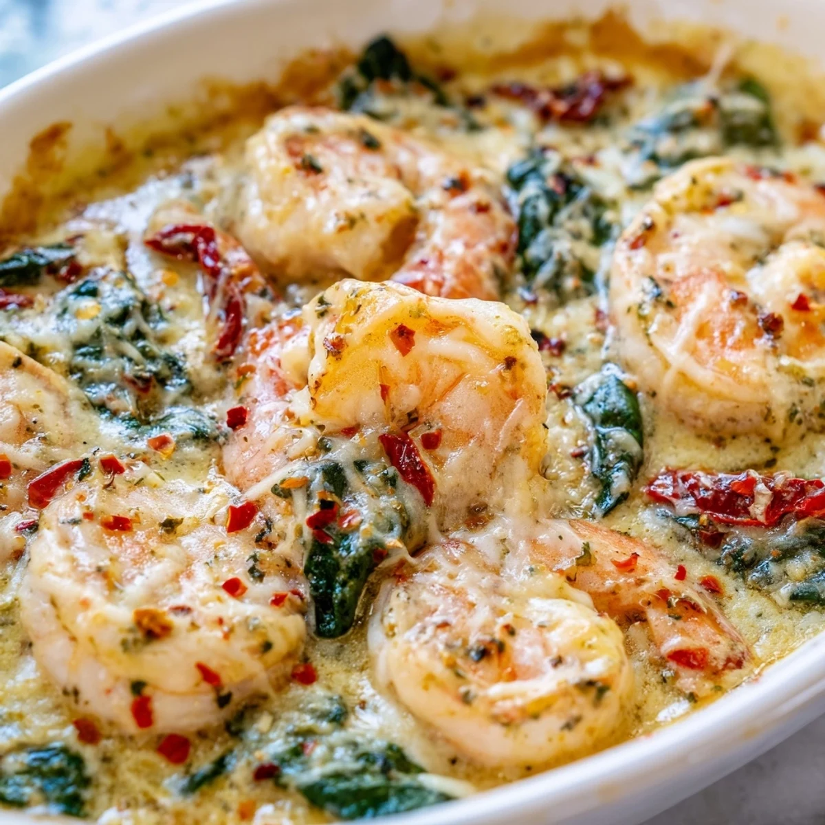 Golden mozzarella tops this Low Carb Shrimp Tuscan Bake with tender pink shrimp