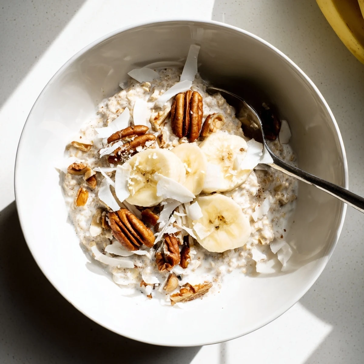 Thick coconut cream pie overnight oats layered with toasted pecans and fresh banana slices