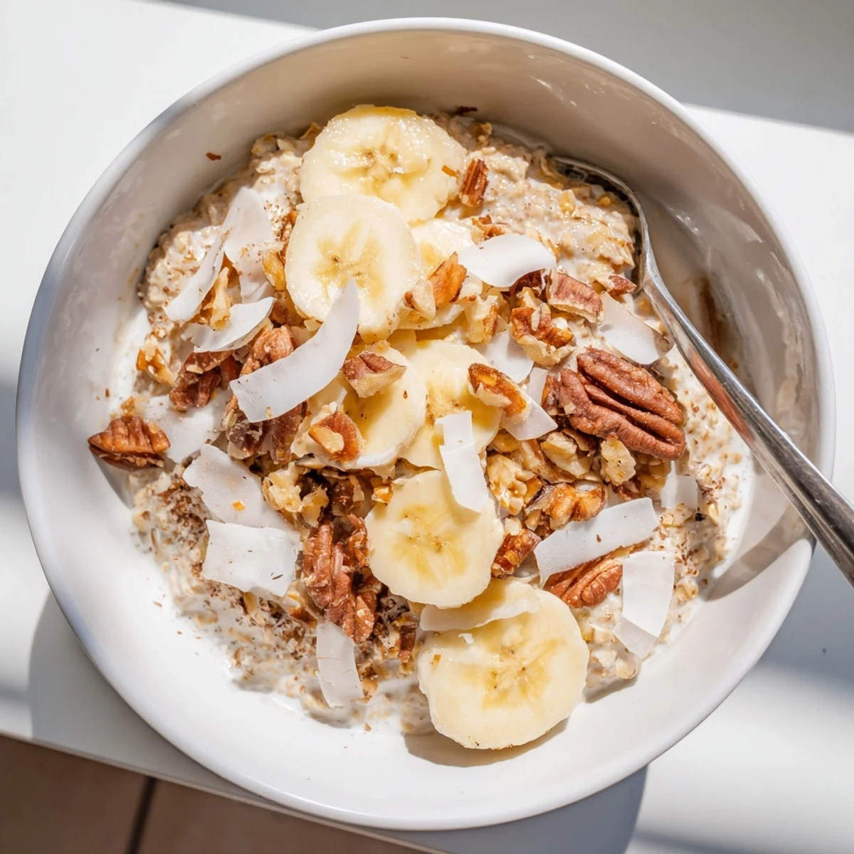 Creamy coconut cream pie overnight oats served in a mason jar topped with toasted coconut flakes