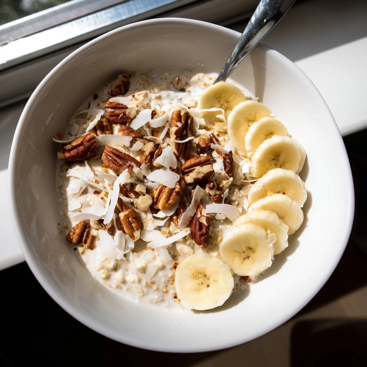 Chilled coconut cream pie overnight oats in glass jars crowned with shredded coconut and crunchy almonds