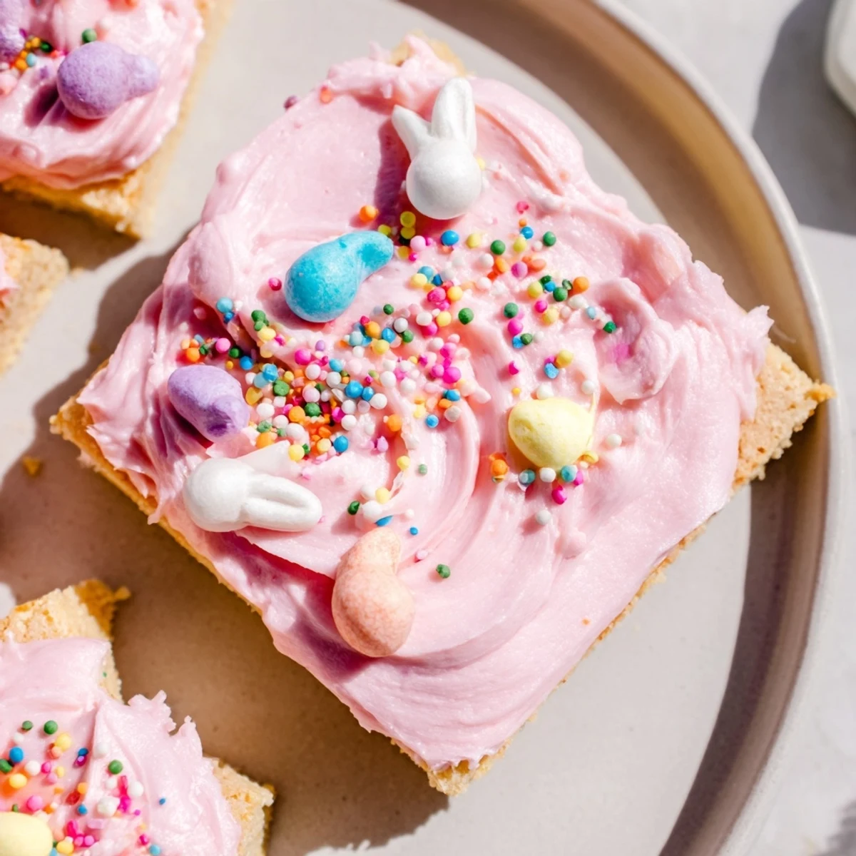 Soft Easter sugar cookie bars with swirled pastel frosting and rainbow sprinkles on a rustic baking sheet