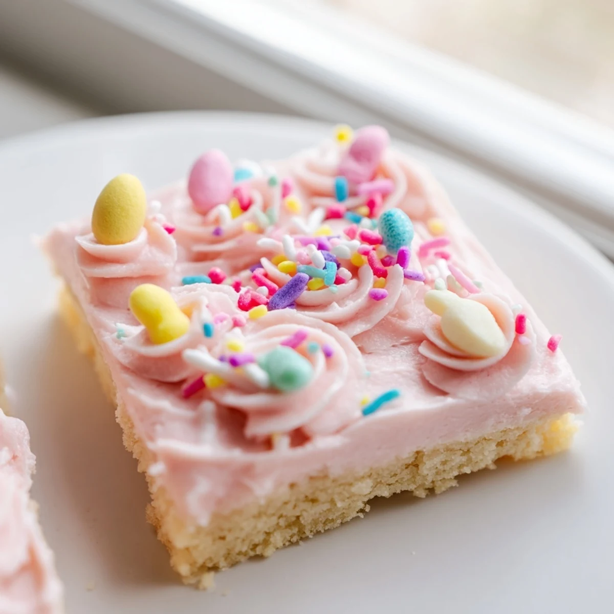 Creamy pastel-frosted Easter sugar cookie bars cut into neat squares covered in festive sprinkles