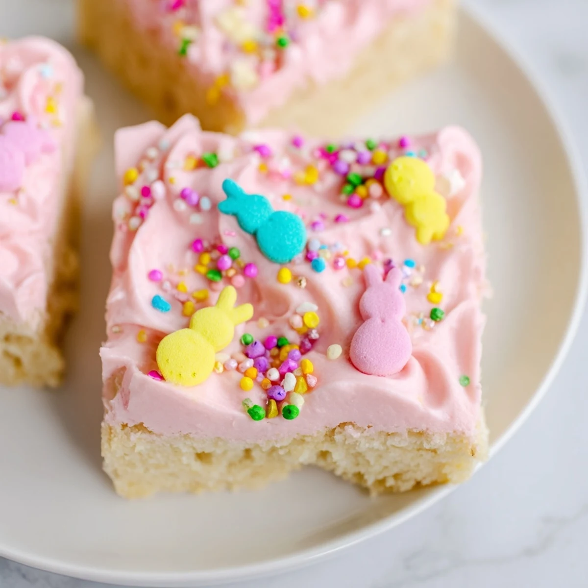 Thick buttery Easter sugar cookie bars topped with smooth pink and yellow frosting ready to serve