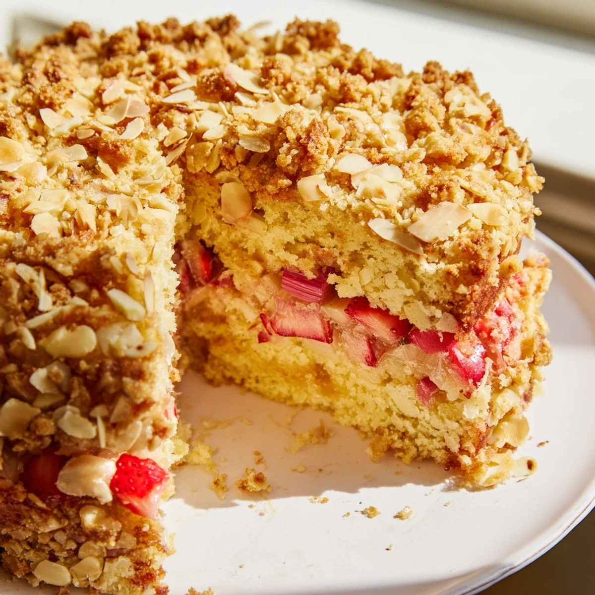 Golden lemon rhubarb cake with strawberry filling and crunchy almond streusel topping