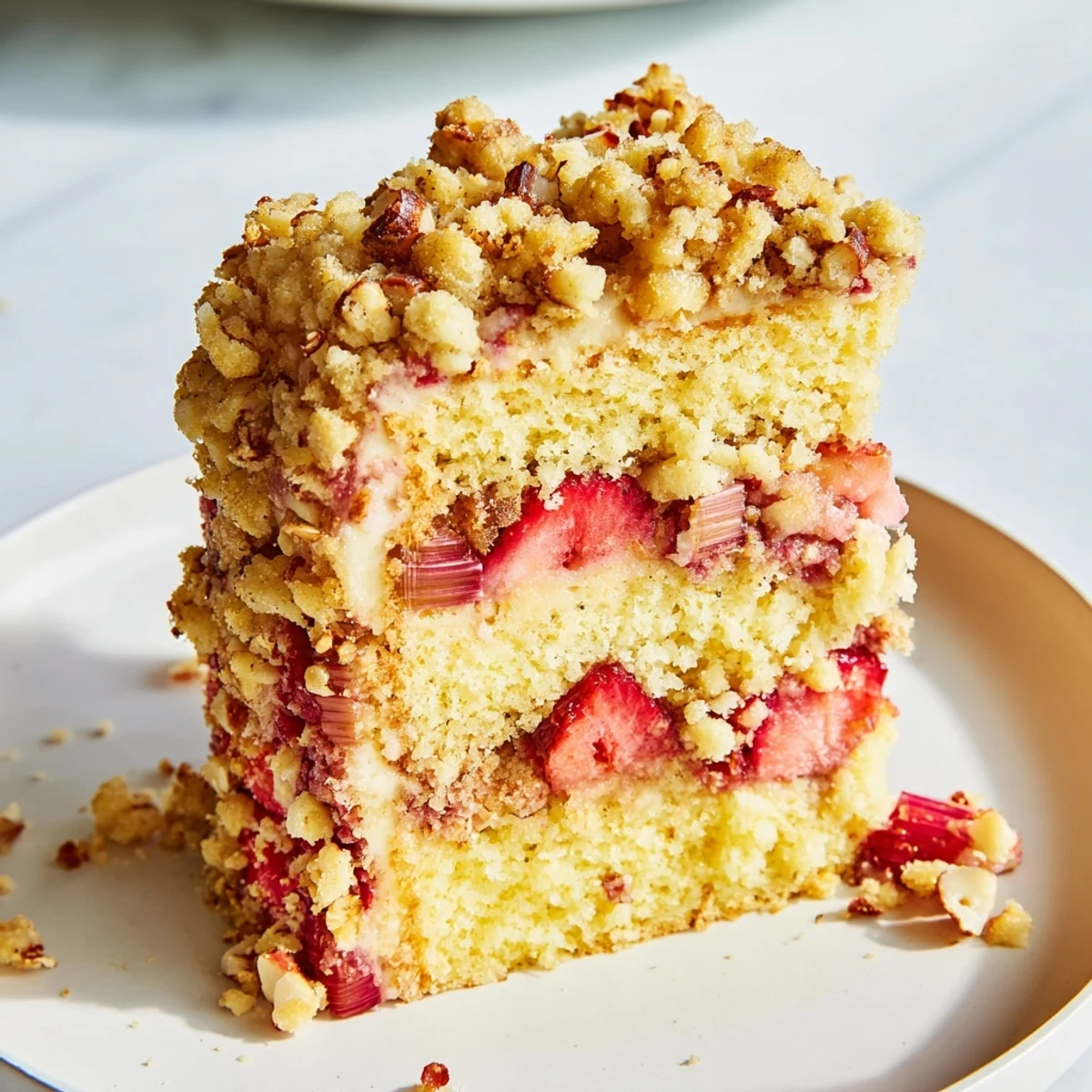 Rustic spring dessert featuring tender lemon cake topped with ruby rhubarb and strawberries