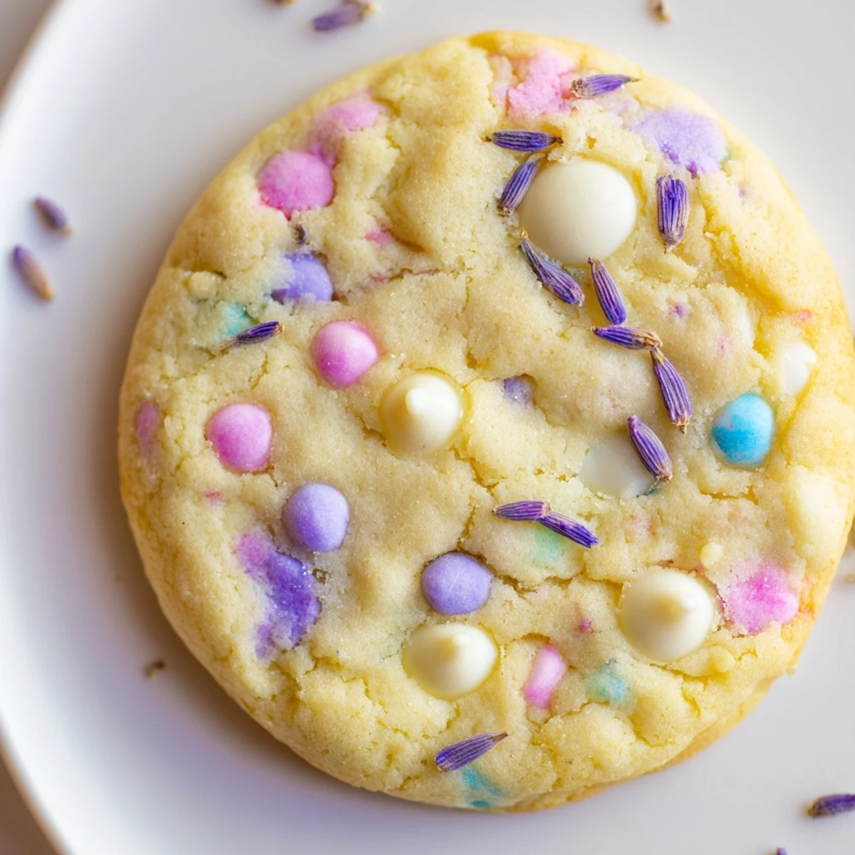 Golden edged Spring Blossom Cookies cooling on wire rack with colorful candy coated chocolates