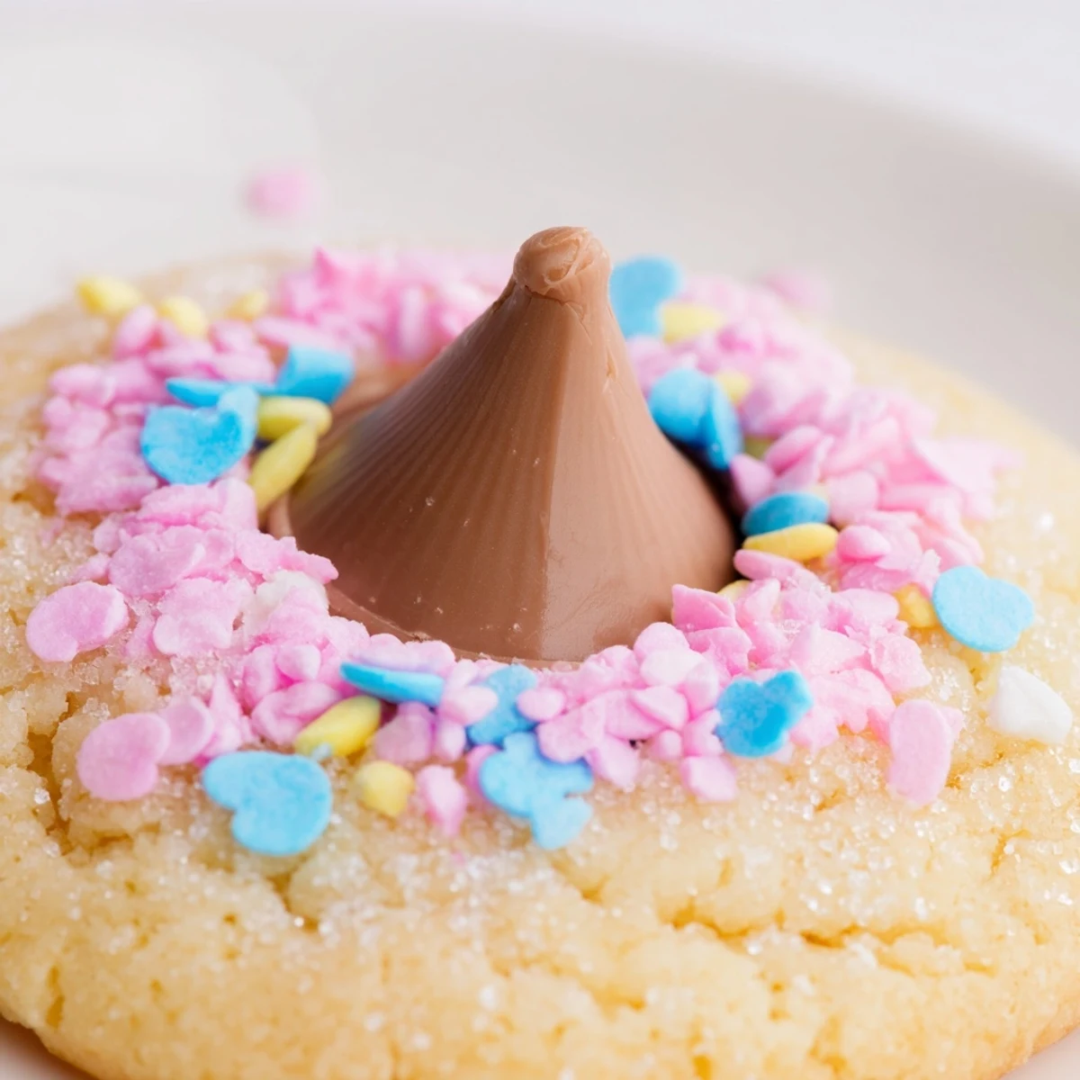 Soft Easter Blossom Cookies with colorful sprinkles and melty chocolate kisses on a rustic baking sheet.