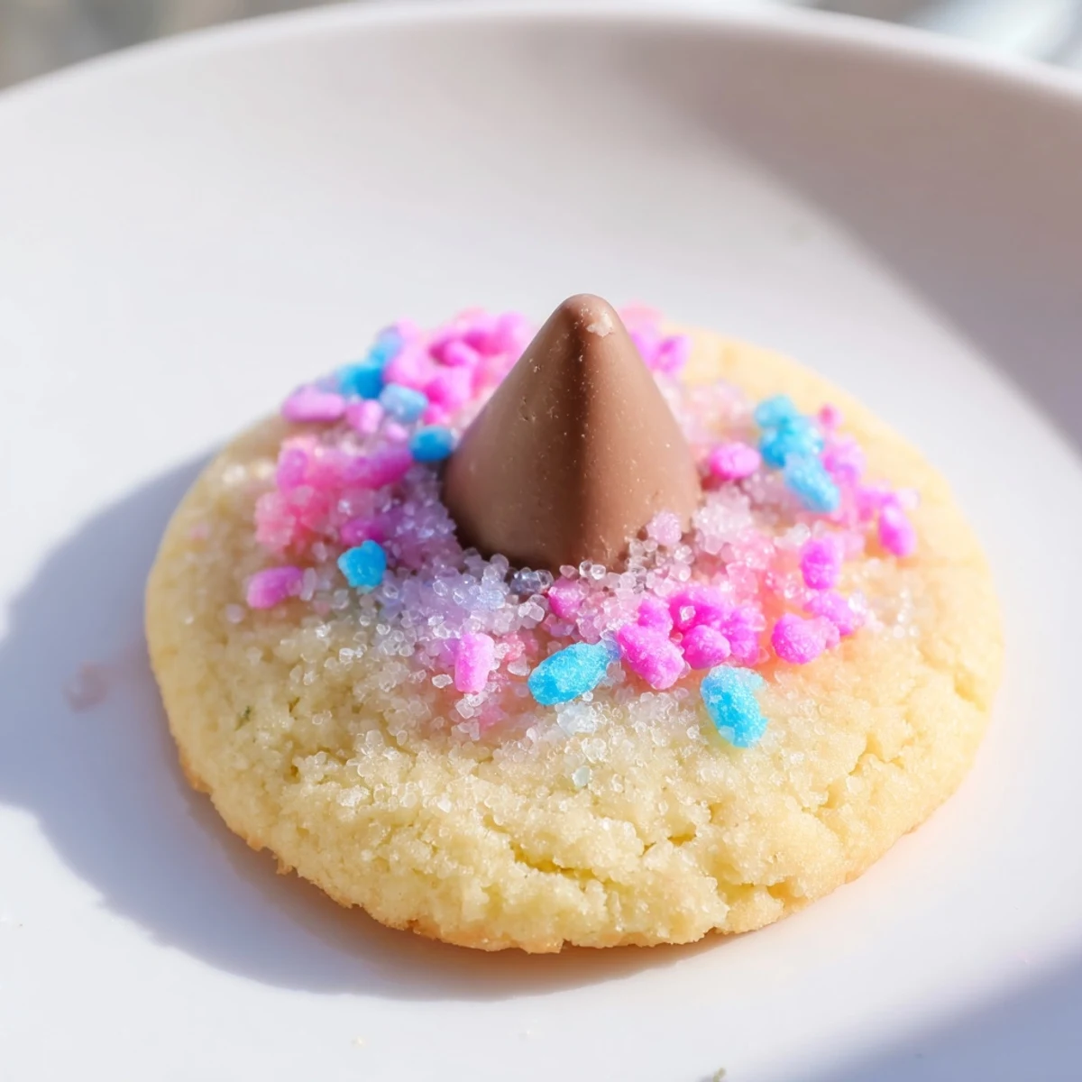 Golden Easter Blossom Cookies topped with pastel candies and glossy chocolate kisses for spring celebrations.
